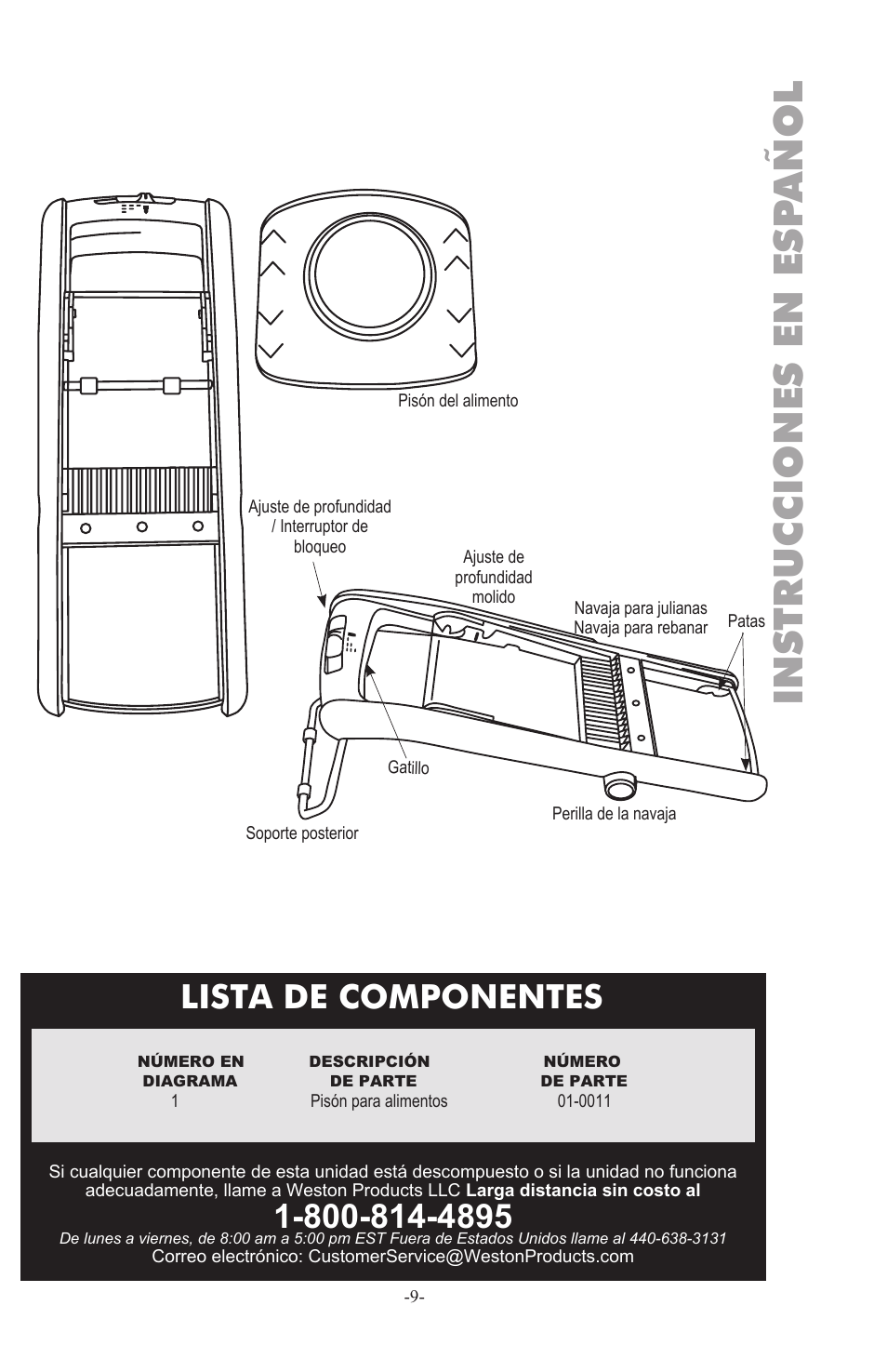 Instrucciones en esp añol, Lista de componentes | Weston Safe Slice Mandoline User Manual | Page 9 / 24