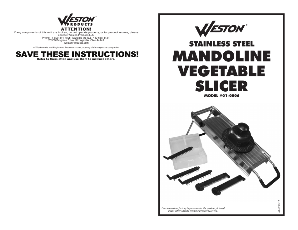 Weston Stainless Steel Mandoline Vegetable Slicer User Manual | 4 pages