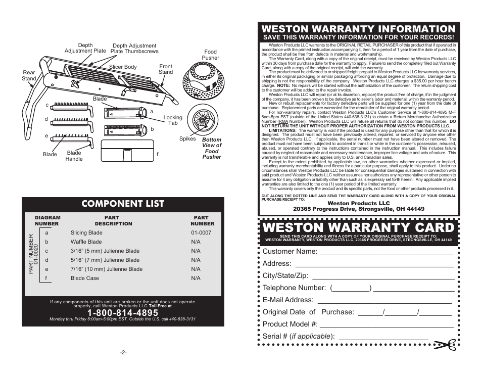 Weston warranty card, Weston warranty information, Component list | Weston Stainless Steel Mandoline Vegetable Slicer User Manual | Page 2 / 4