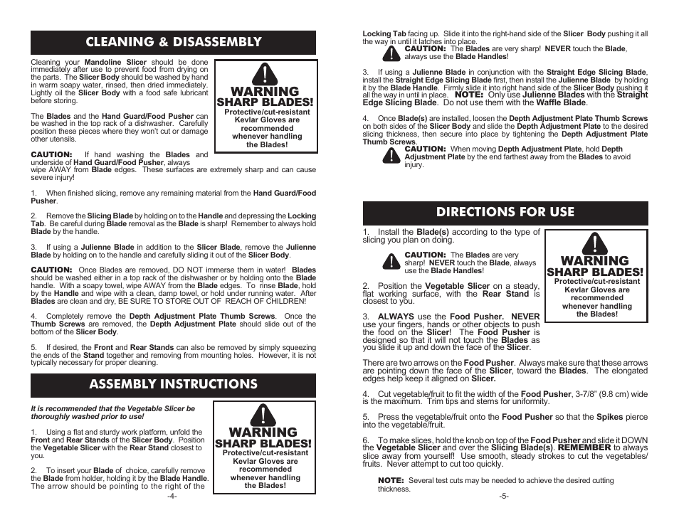 Cleaning & disassembly, Assembly instructions, Directions for use | Warning, Sharp blades | Weston Stainless Steel Mandoline Vegetable Slicer User Manual | Page 4 / 4