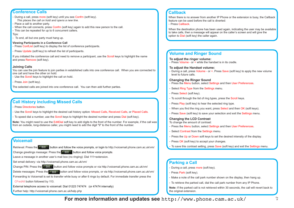 Conference calls, Call history including missed calls, Voicemail | Callback, Volume and ringer sound, Parking a call | Cisco BT INET 7941 User Manual | Page 2 / 2