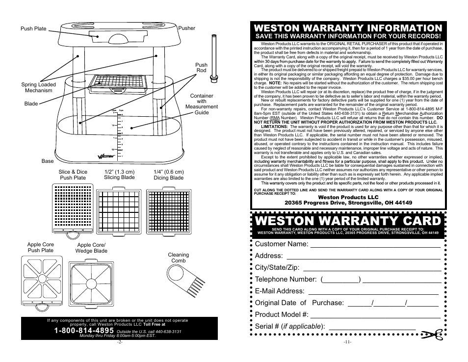 Weston warranty card, Weston warranty information | Weston Multi-Chopper User Manual | Page 2 / 6