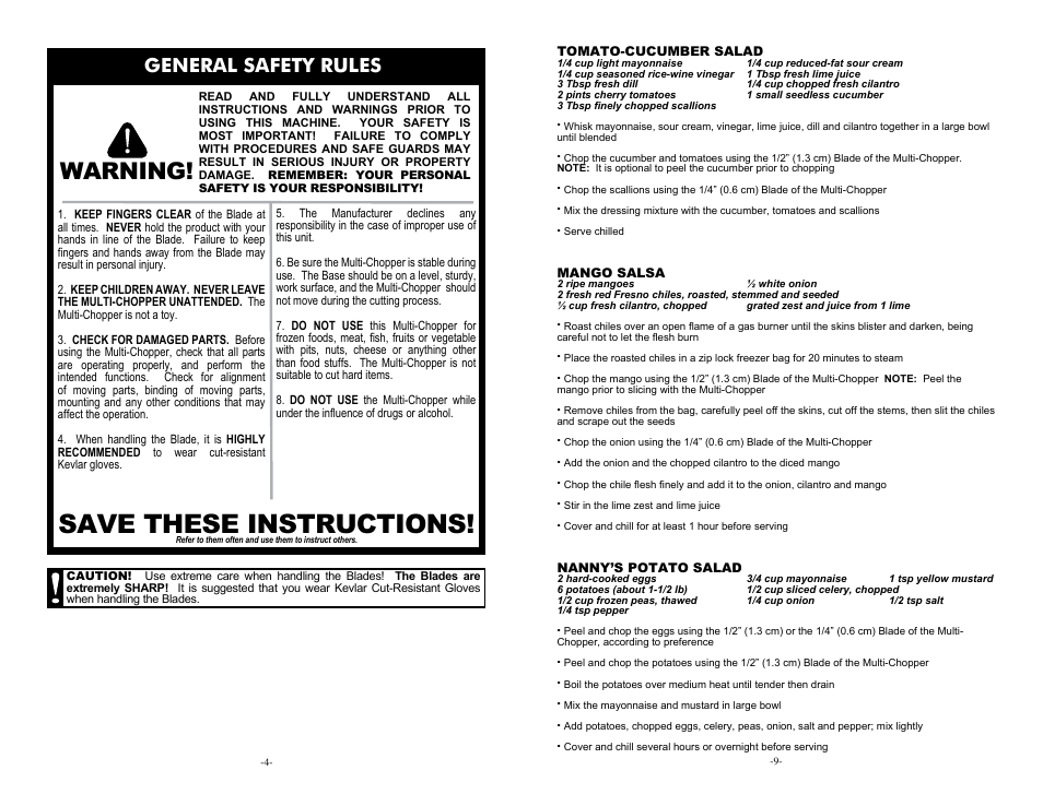 Save these instructions, Warning, General safety rules | Weston Multi-Chopper User Manual | Page 4 / 6