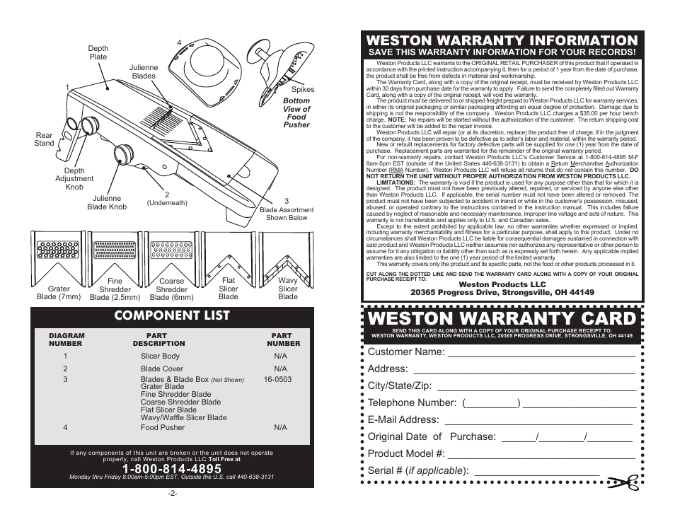 Weston warranty card, Weston warranty information, Component list | Weston V-Slice Mandoline Slicer User Manual | Page 2 / 6