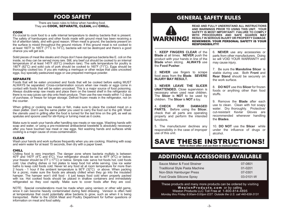 Save these instructions, Warning, General safety rules | Additional accessories available, Food safety | Weston V-Slice Mandoline Slicer User Manual | Page 3 / 6