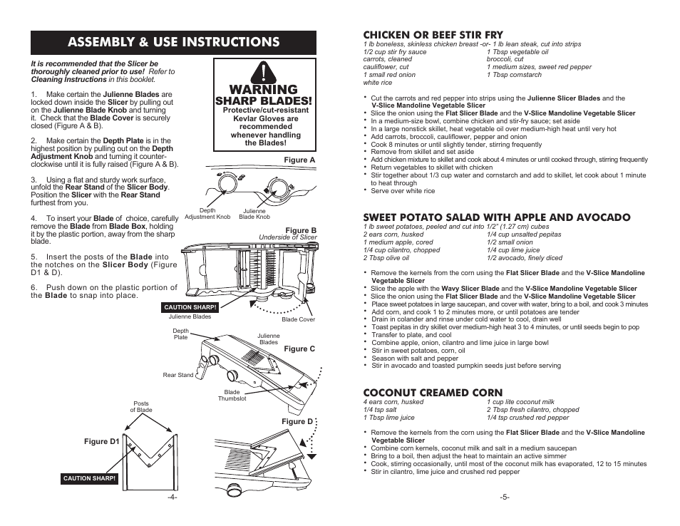 Assembly & use instructions, Warning, Sharp blades | Weston V-Slice Mandoline Slicer User Manual | Page 4 / 6