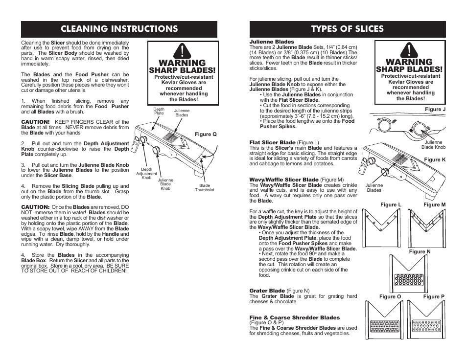 Cleaning instructions, Warning, Types of slices | Sharp blades | Weston V-Slice Mandoline Slicer User Manual | Page 6 / 6