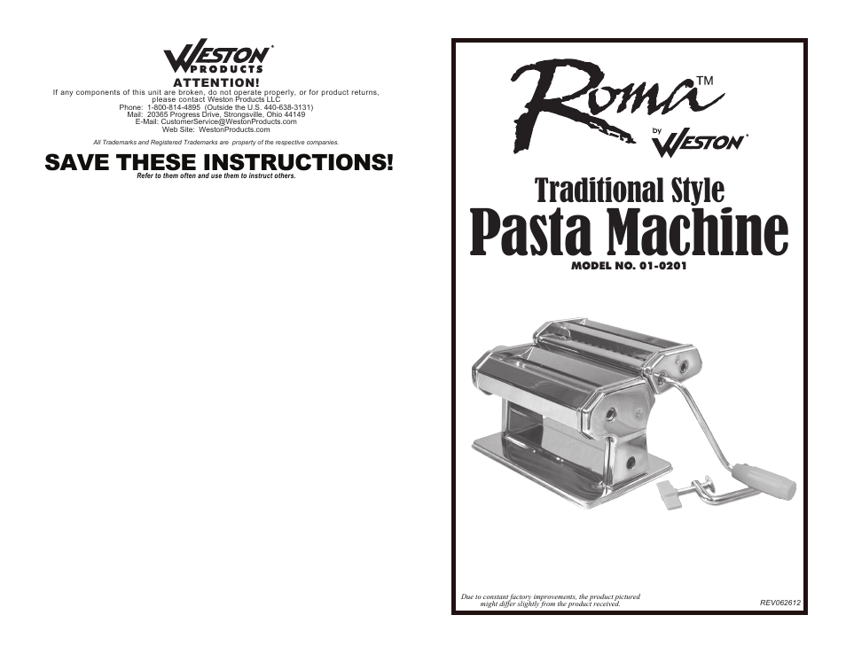 Weston Roma Traditional Style Pasta Machine User Manual | 10 pages