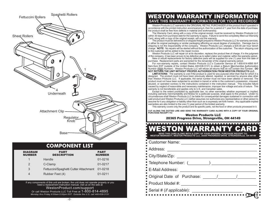 Weston warranty card, Weston warranty information, Component list | Weston Roma Traditional Style Pasta Machine User Manual | Page 2 / 10