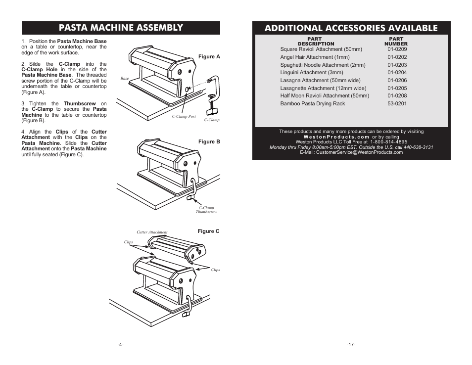 Pasta machine assembly, Additional accessories available | Weston Roma Traditional Style Pasta Machine User Manual | Page 4 / 10