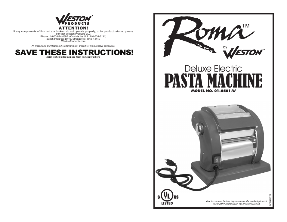 Weston Roma Deluxe Electric Pasta Machine User Manual | 8 pages