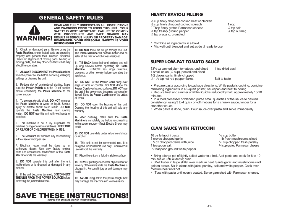 Save these instructions, Warning, General safety rules | Hearty ravioli filling, Super low-fat tomato sauce, Clam sauce with fettuccini | Weston Roma Deluxe Electric Pasta Machine User Manual | Page 4 / 8