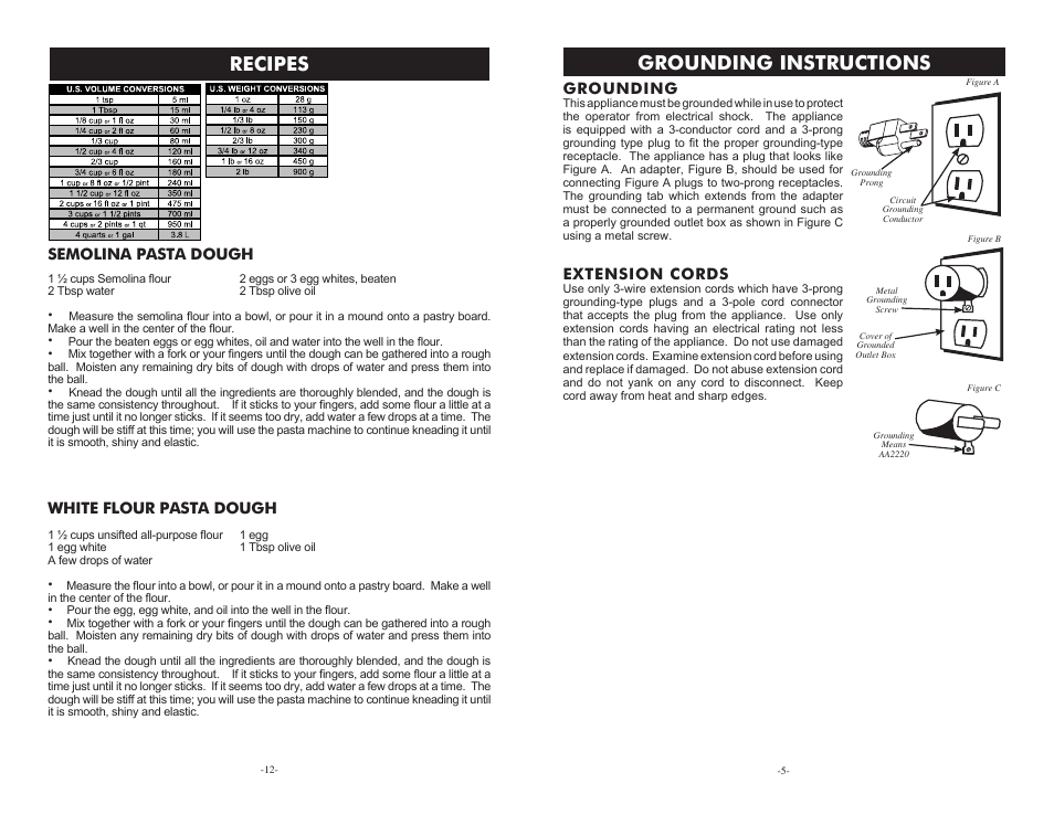 Grounding instructions, Recipes, Grounding | Extension cords, Semolina pasta dough, White flour pasta dough | Weston Roma Deluxe Electric Pasta Machine User Manual | Page 5 / 8