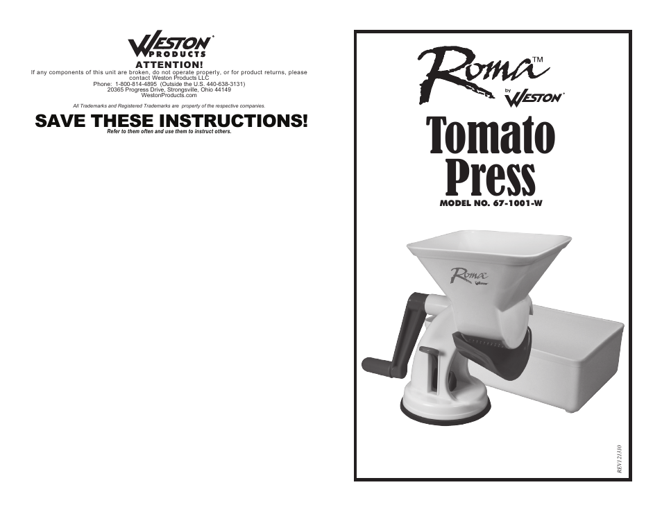 Weston Roma Tomato Press User Manual | 4 pages