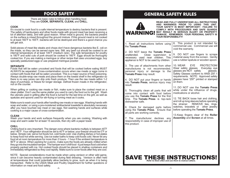 Save these instructions, Warning, General safety rules | Food safety | Weston Roma Tomato Press User Manual | Page 3 / 4