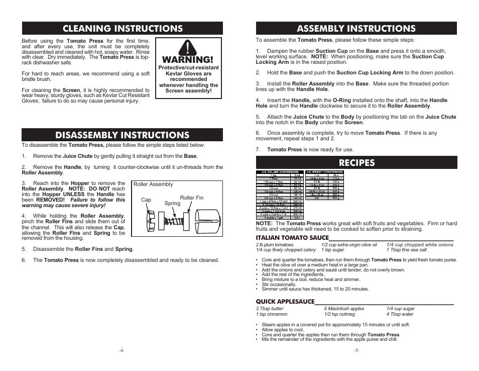 Cleaning instructions, Disassembly instructions, Assembly instructions warning | Recipes | Weston Roma Tomato Press User Manual | Page 4 / 4