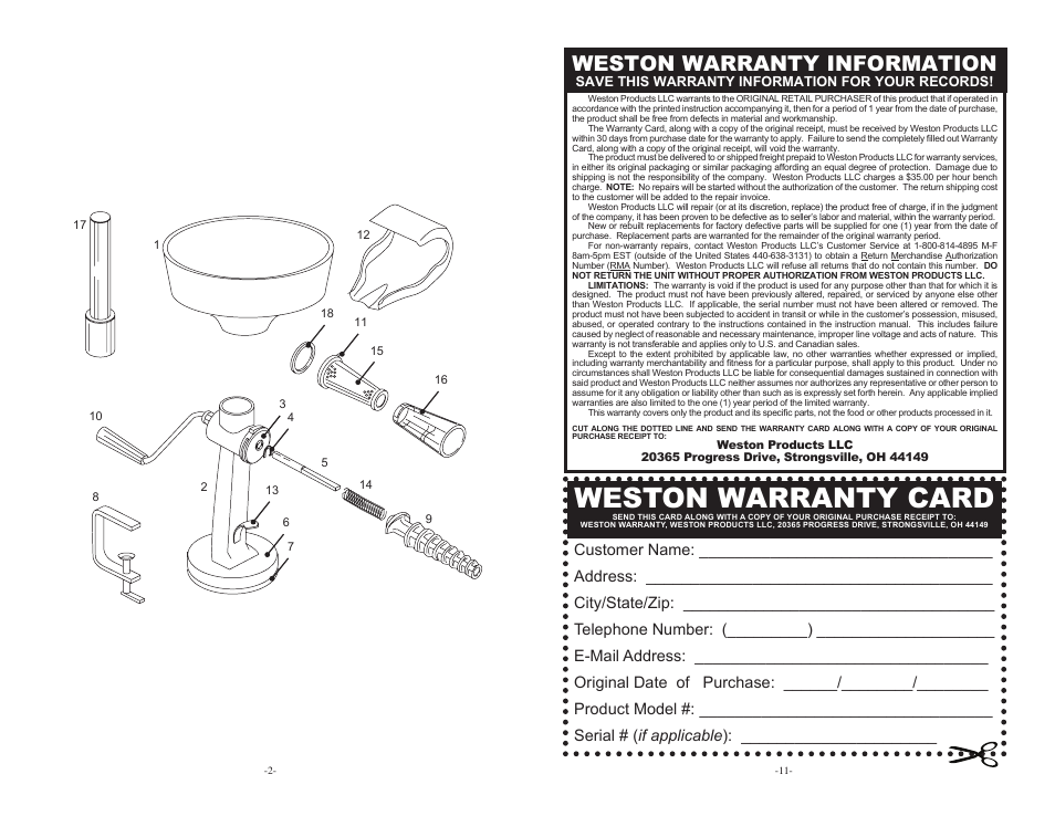 Weston warranty card, Weston warranty information | Weston Roma Food Strainer & Sauce Maker User Manual | Page 2 / 6