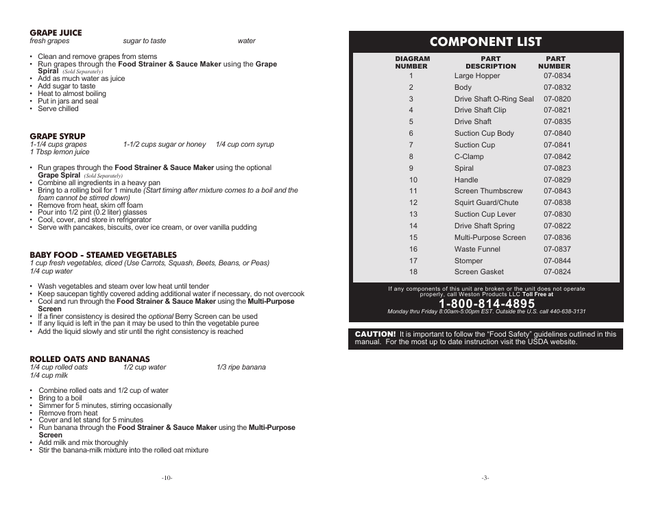 Component list | Weston Roma Food Strainer & Sauce Maker User Manual | Page 3 / 6