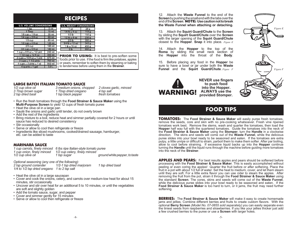 Warning, Recipes, Food tips | Weston Roma Food Strainer & Sauce Maker User Manual | Page 5 / 6