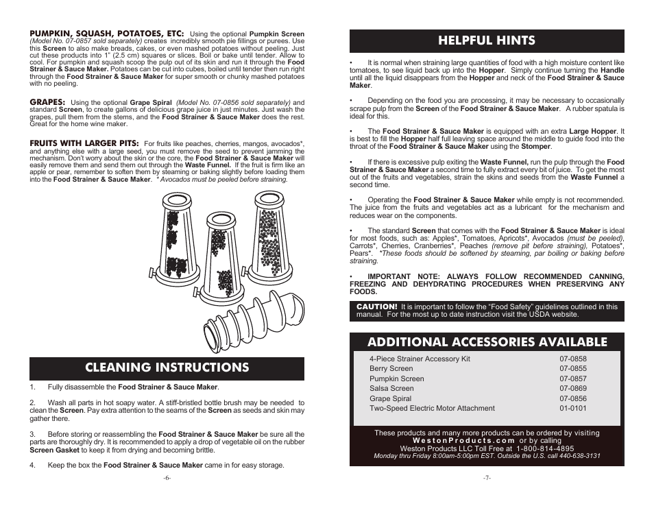 Cleaning instructions, Helpful hints, Additional accessories available | Weston Roma Food Strainer & Sauce Maker User Manual | Page 6 / 6