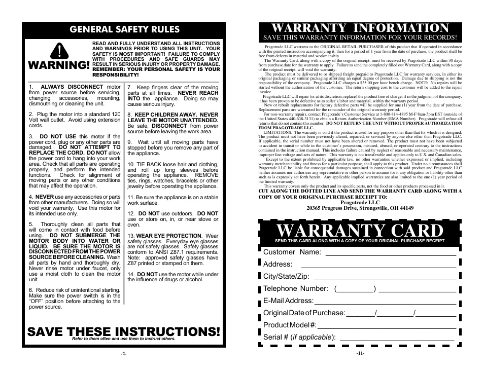 Warranty card, Save these instructions, Warranty information | Warning, General safety rules | Weston Roma 2-Speed Electric Motor Attachment User Manual | Page 2 / 6