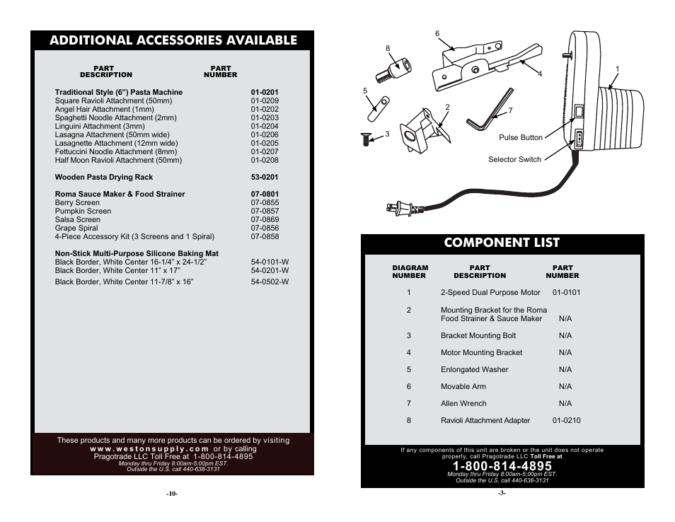 Component list, Additional accessories available | Weston Roma 2-Speed Electric Motor Attachment User Manual | Page 3 / 6