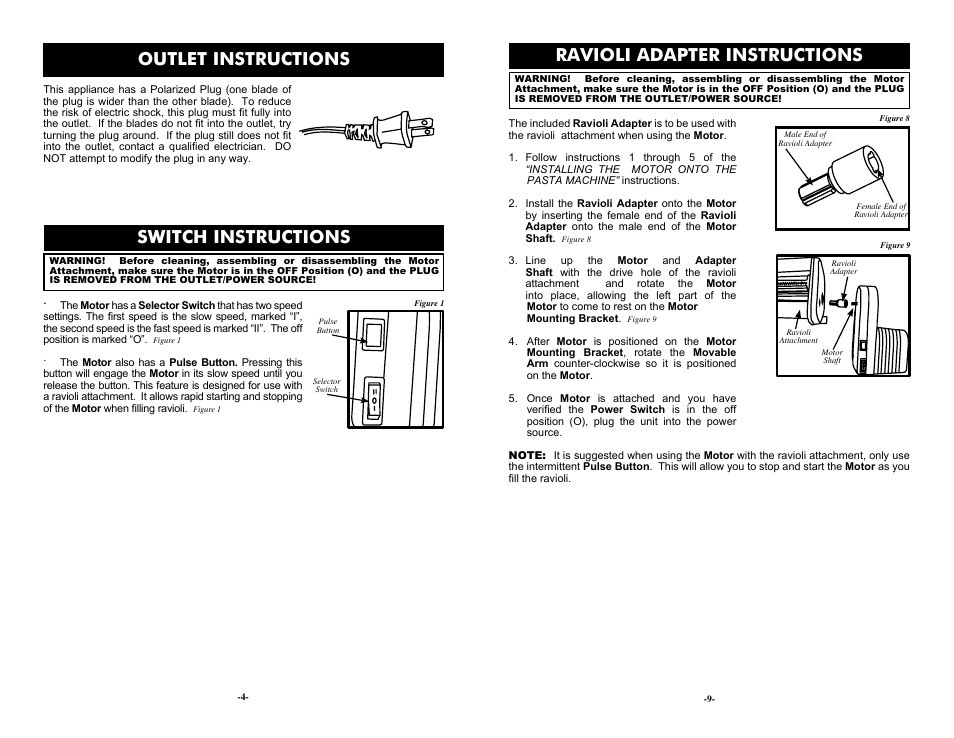 Ravioli adapter instructions, Switch instructions, Outlet instructions | Weston Roma 2-Speed Electric Motor Attachment User Manual | Page 4 / 6