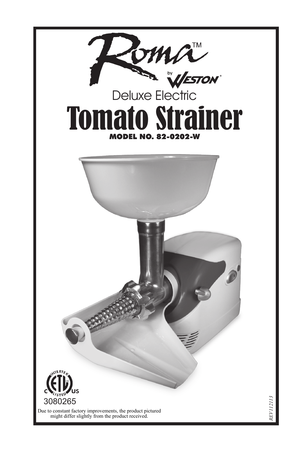 Weston Roma Deluxe Electric Tomato Strainer User Manual | 36 pages
