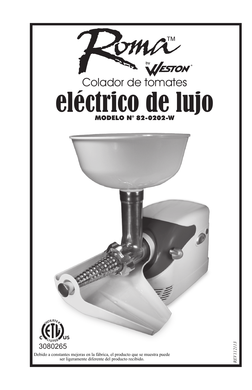 Eléctrico de lujo, Colador de tomates | Weston Roma Deluxe Electric Tomato Strainer User Manual | Page 14 / 36