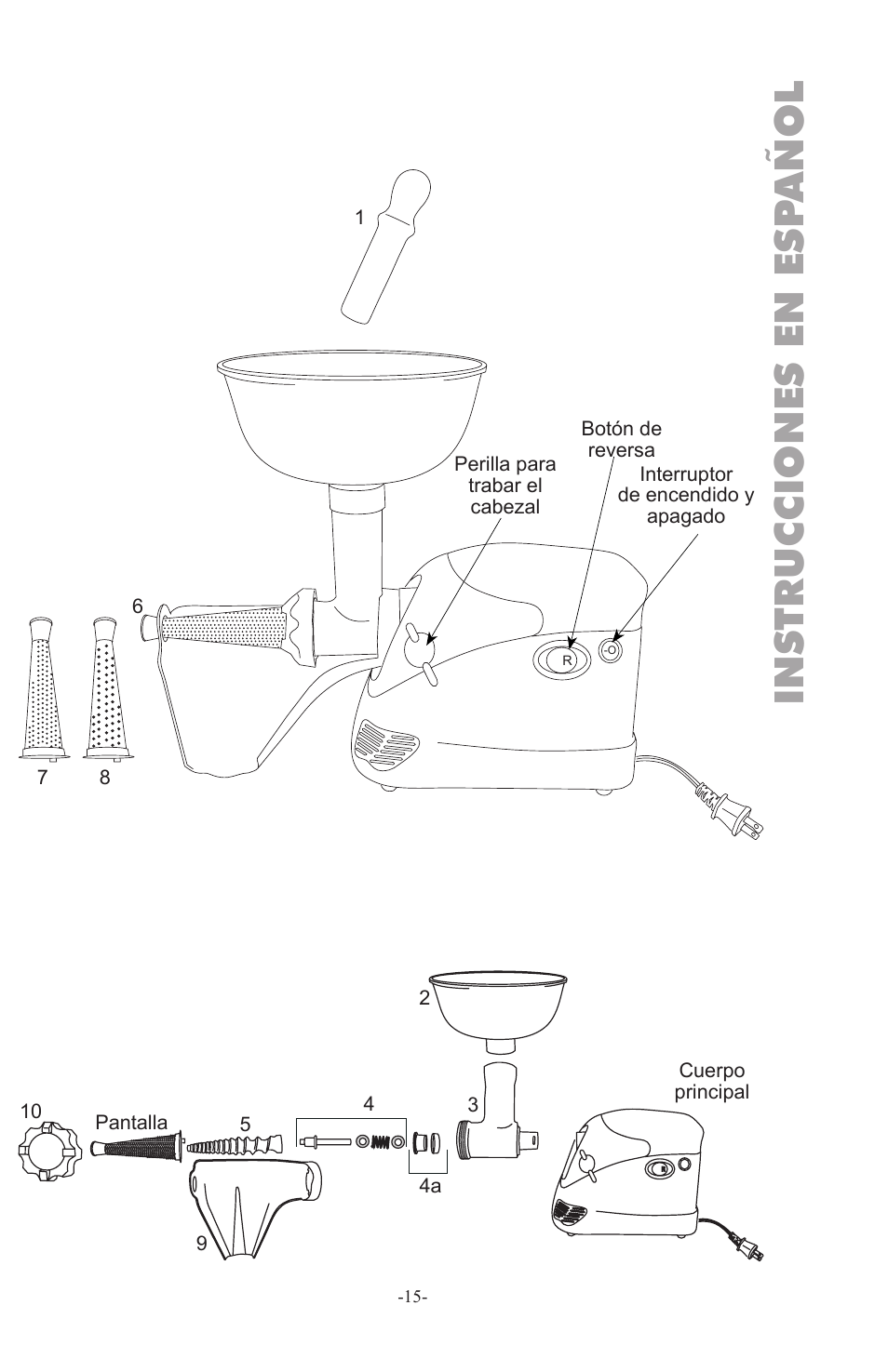 Instrucciones en esp añol | Weston Roma Deluxe Electric Tomato Strainer User Manual | Page 15 / 36