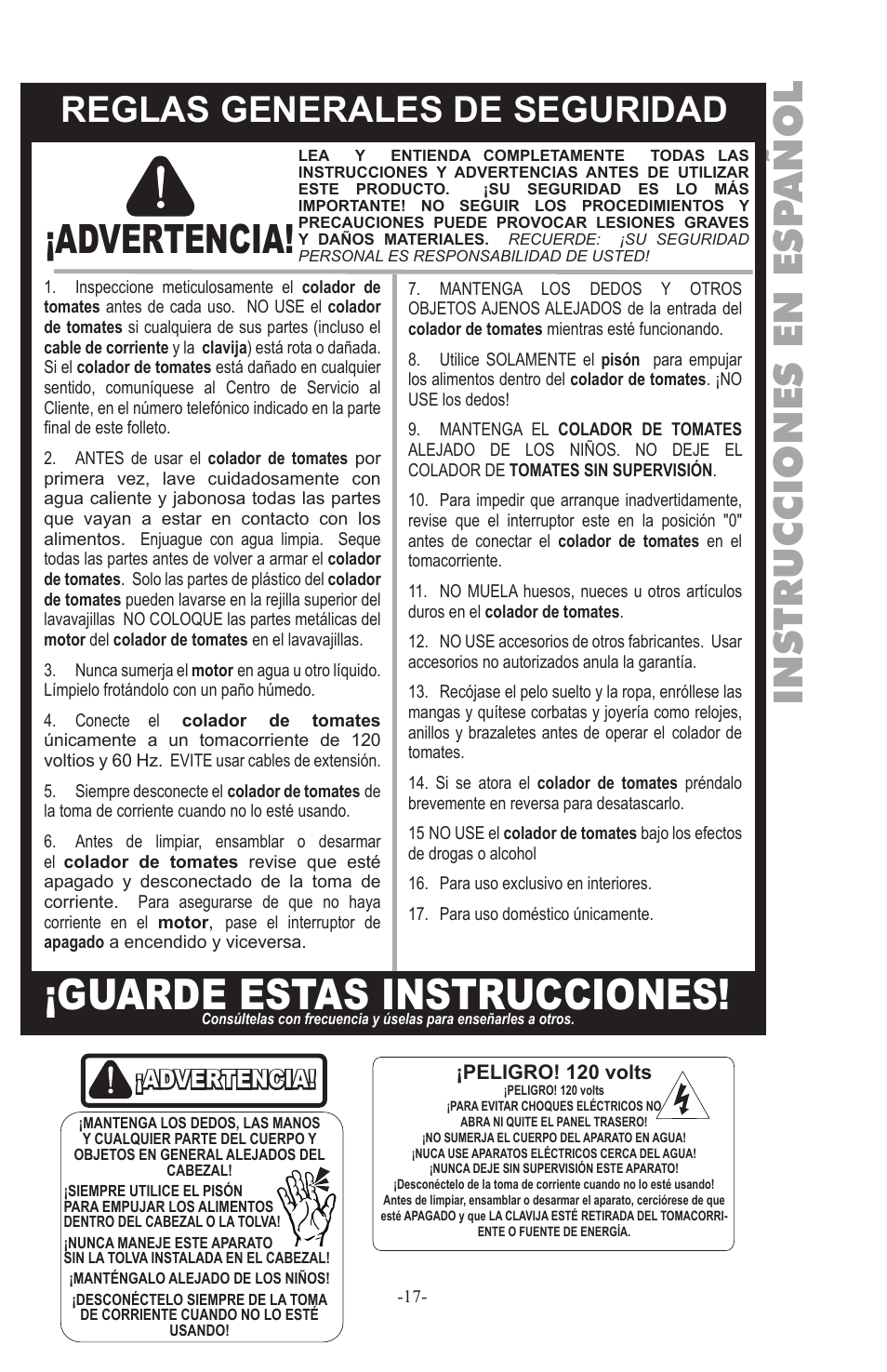 Guarde estas instrucciones, Instrucciones en esp añol, Advertencia | Reglas generales de seguridad | Weston Roma Deluxe Electric Tomato Strainer User Manual | Page 17 / 36