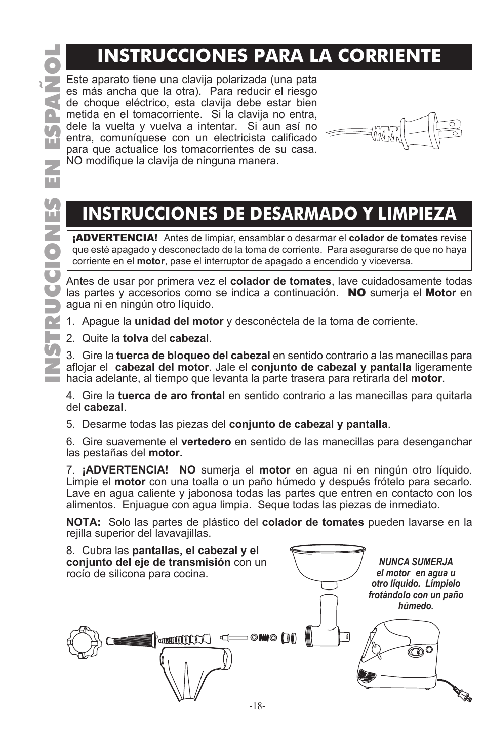 Instrucciones en esp añol | Weston Roma Deluxe Electric Tomato Strainer User Manual | Page 18 / 36