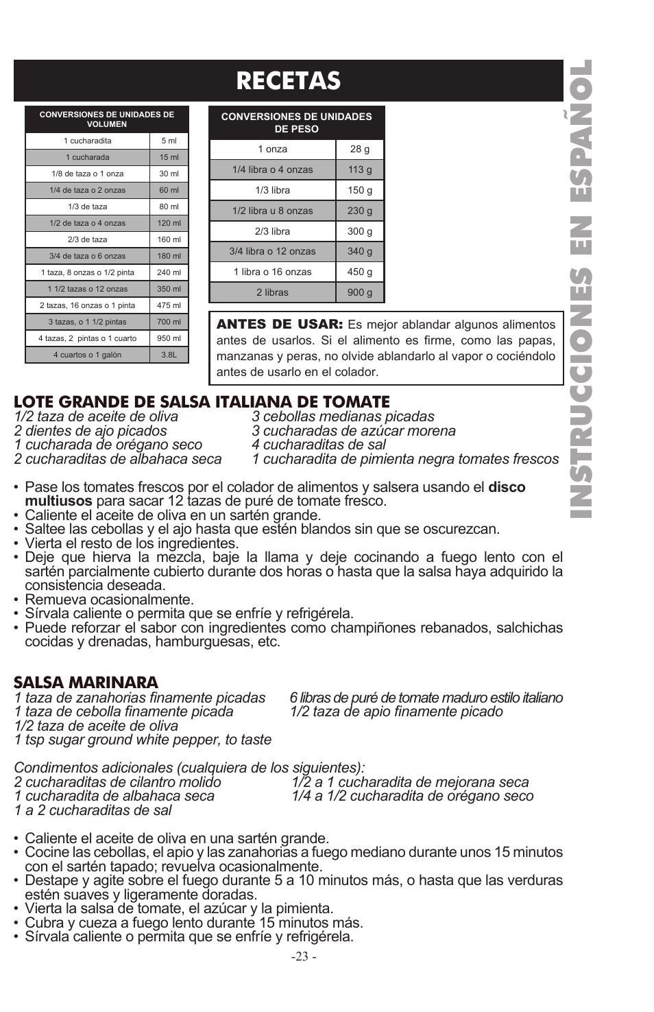 Instrucciones en esp añol, Recetas, Lote grande de salsa italiana de tomate | Salsa marinara | Weston Roma Deluxe Electric Tomato Strainer User Manual | Page 23 / 36