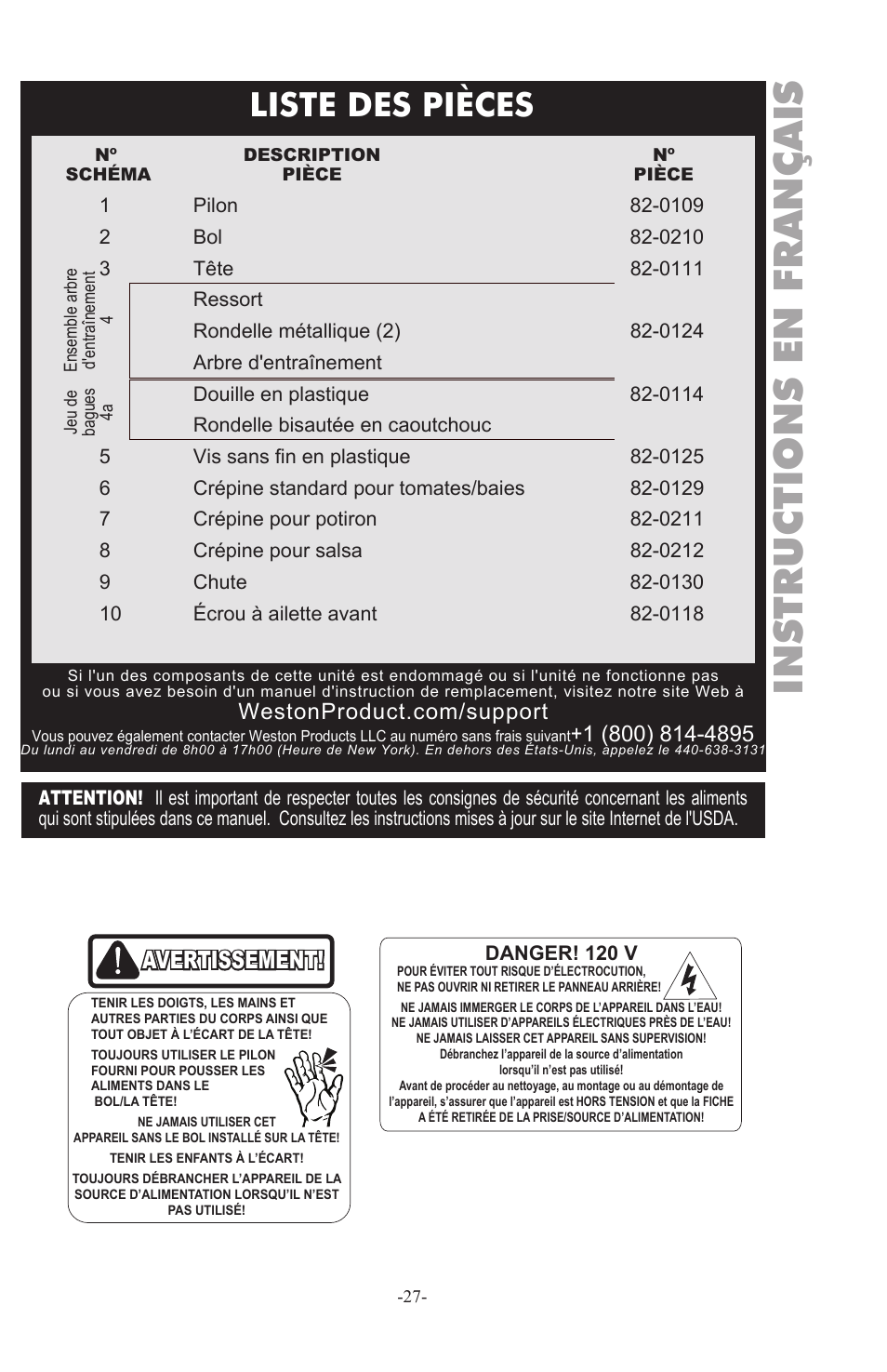 Instructions en français, Liste des pièces, Avertissement | Weston Roma Deluxe Electric Tomato Strainer User Manual | Page 27 / 36