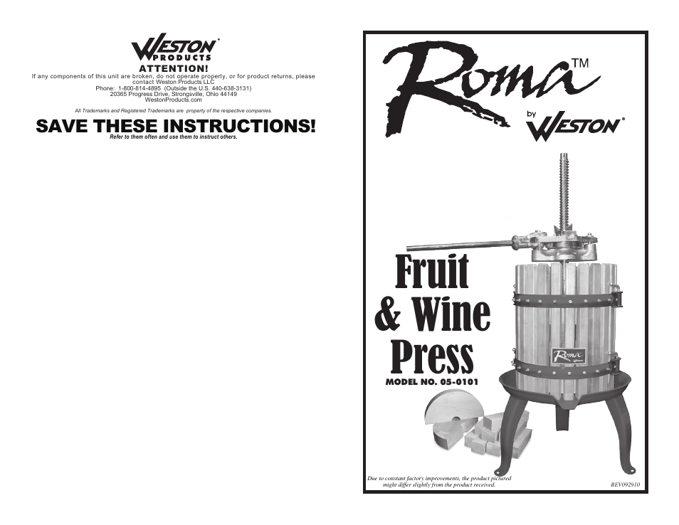 Weston Roma Fruit & Wine Press User Manual | 6 pages