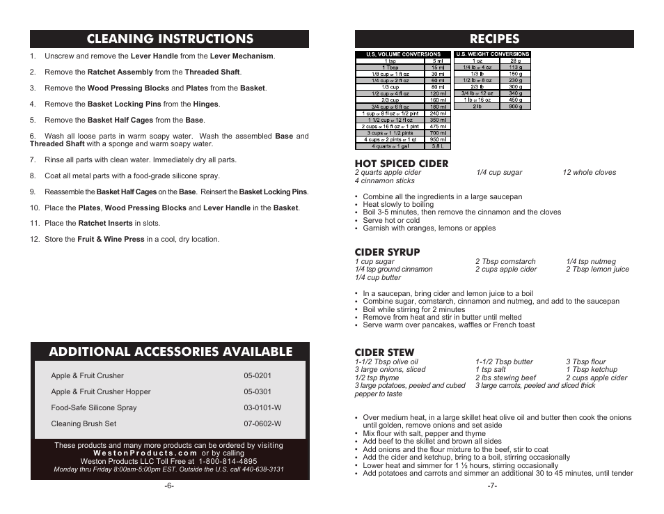 Recipes, Cleaning instructions, Additional accessories available | Weston Roma Fruit & Wine Press User Manual | Page 6 / 6