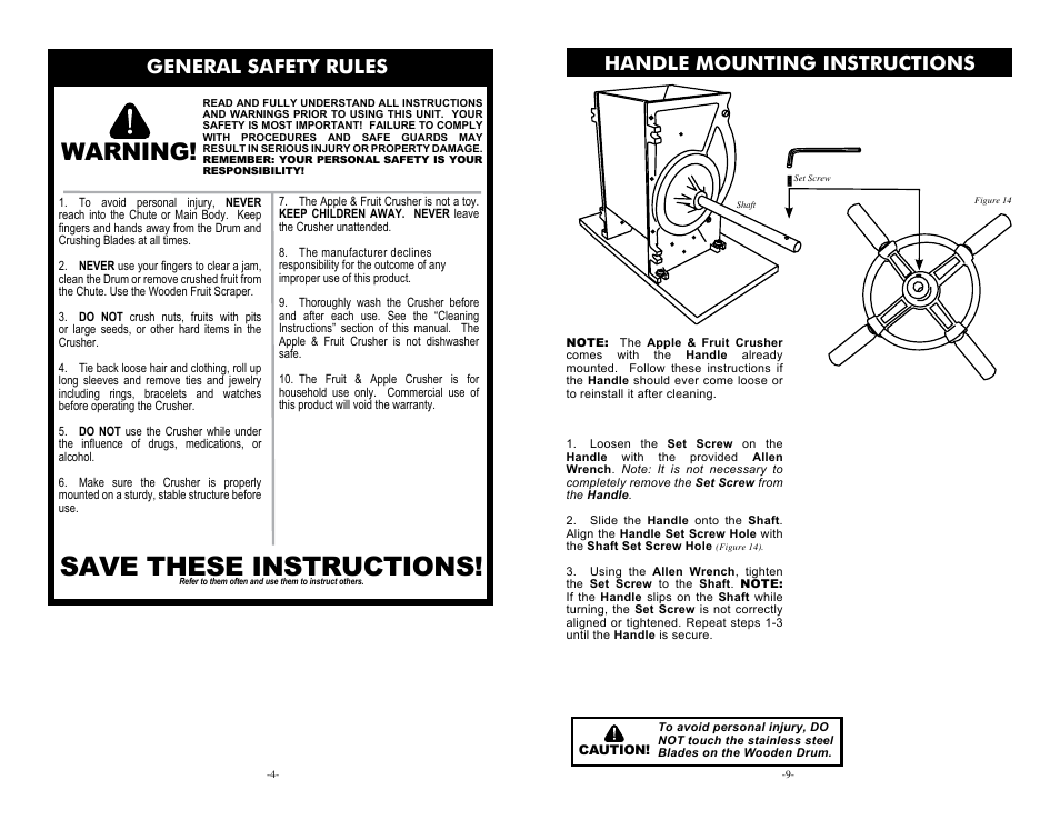 Save these instructions, Warning, General safety rules | Handle mounting instructions | Weston Roma Apple & Fruit Crusher User Manual | Page 4 / 6