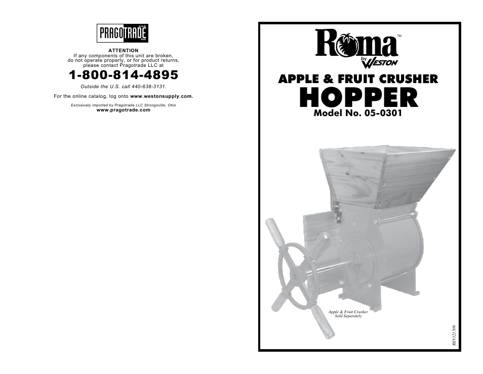 Weston Roma Apple & Fruit Crusher Hopper User Manual | 4 pages