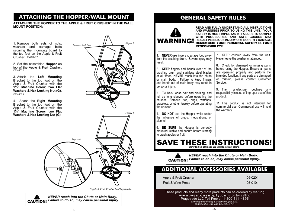 Save these instructions, Warning, Additional accessories available | Attaching the hopper/wall mount, General safety rules | Weston Roma Apple & Fruit Crusher Hopper User Manual | Page 3 / 4