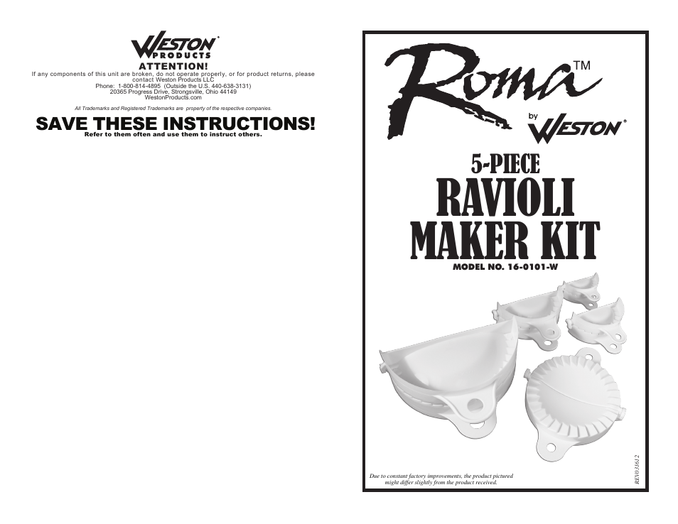 Weston Roma 5 Piece Ravioli Maker Set User Manual | 4 pages