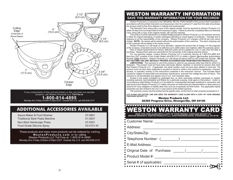 Weston warranty card, Weston warranty information, Additional accessories available | Weston Roma 5 Piece Ravioli Maker Set User Manual | Page 2 / 4