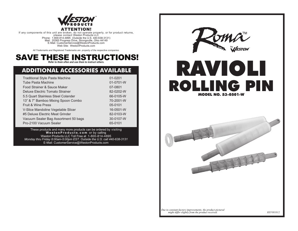 Weston Roma Ravioli Rolling Pin User Manual | 6 pages