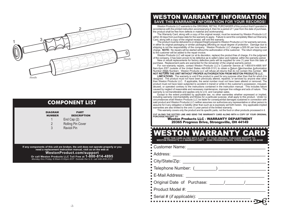 Weston warranty card, Weston warranty information, Component list | Weston Roma Ravioli Rolling Pin User Manual | Page 2 / 6