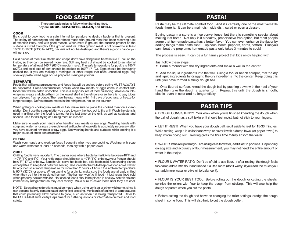 Food safety, Pasta, Pasta tips | Weston Roma Ravioli Rolling Pin User Manual | Page 3 / 6