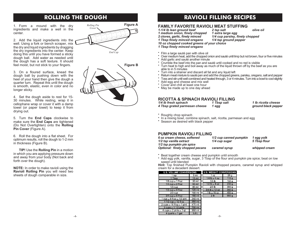 Ravioli filling recipes, Rolling the dough | Weston Roma Ravioli Rolling Pin User Manual | Page 4 / 6