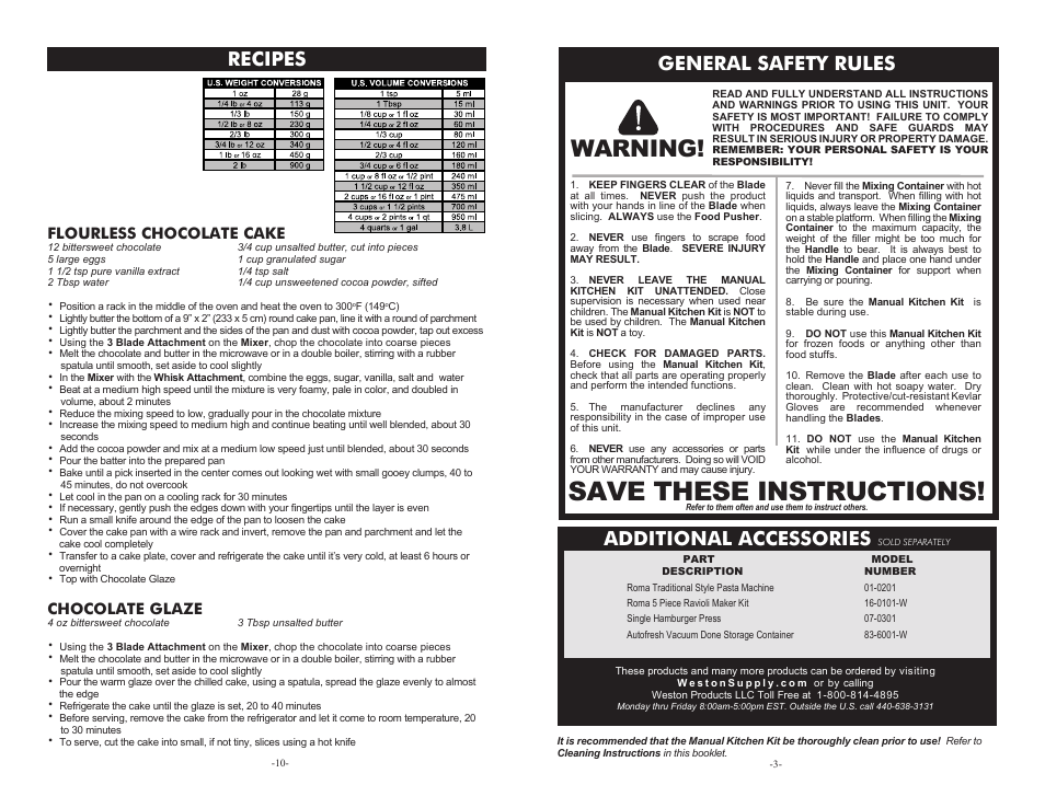 Save these instructions, Warning, General safety rules recipes | Additional accessories, Flourless chocolate cake, Chocolate glaze | Weston Manual Kitchen Kit User Manual | Page 3 / 6