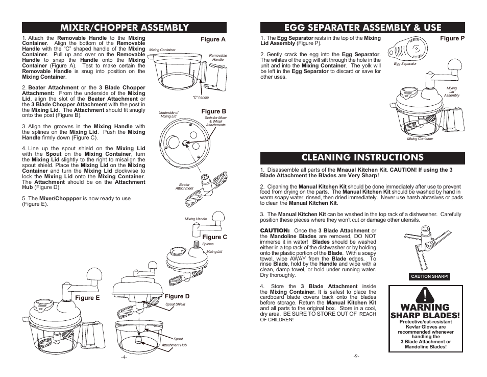 Mixer/chopper assembly, Egg separater assembly & use, Cleaning instructions | Warning, Sharp blades | Weston Manual Kitchen Kit User Manual | Page 4 / 6