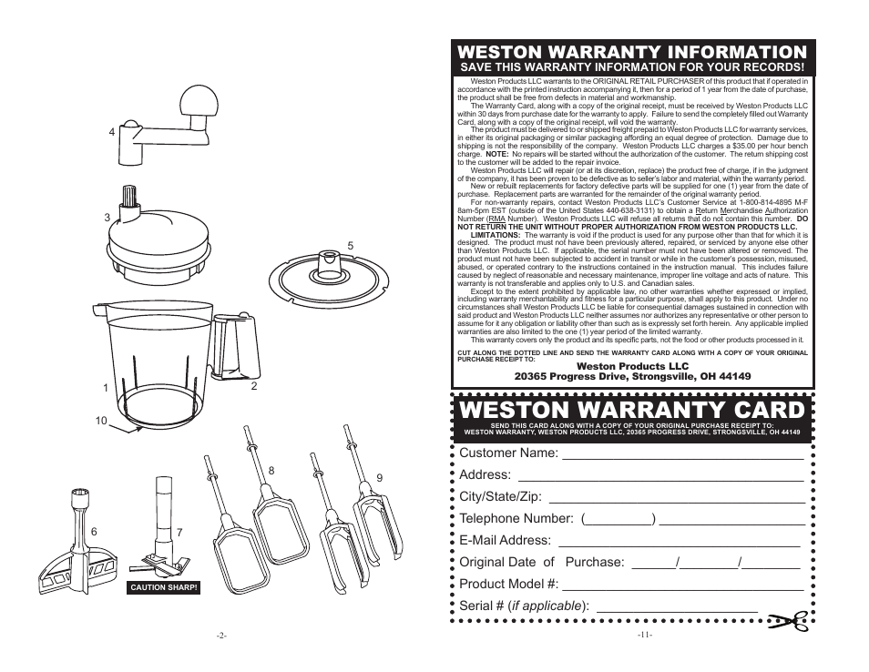 Weston warranty card, Weston warranty information | Weston Multi-Function Mixer User Manual | Page 2 / 6