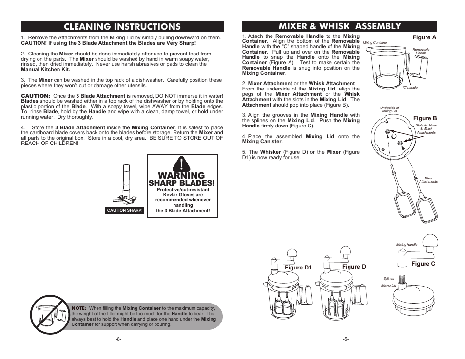 Mixer & whisk assembly, Cleaning instructions, Warning | Sharp blades | Weston Multi-Function Mixer User Manual | Page 5 / 6