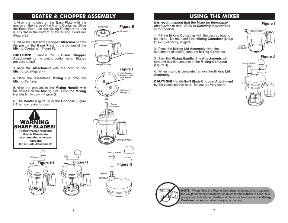 Warning, Beater & chopper assembly, Using the mixer | Sharp blades | Weston Multi-Function Mixer User Manual | Page 6 / 6